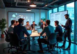 Офис российской SaaS-компании с командой разработчиков и элементами облачных технологий и цифровых карт