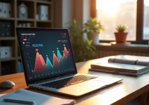 Современное рабочее место с ноутбуком, показывающим прототип MVP, графики роста и журналы о российских стартапах