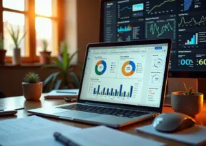 Современный рабочий стол с ноутбуком, на экране которого отображается SEO аналитика для Яндекса и Google, окружён заметками с ключевыми словами и планированием стартапа