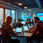 Современный офис российского SaaS-стартапа с командами, работающими над B2B и B2C проектами, графиками и маркетинговыми элементами