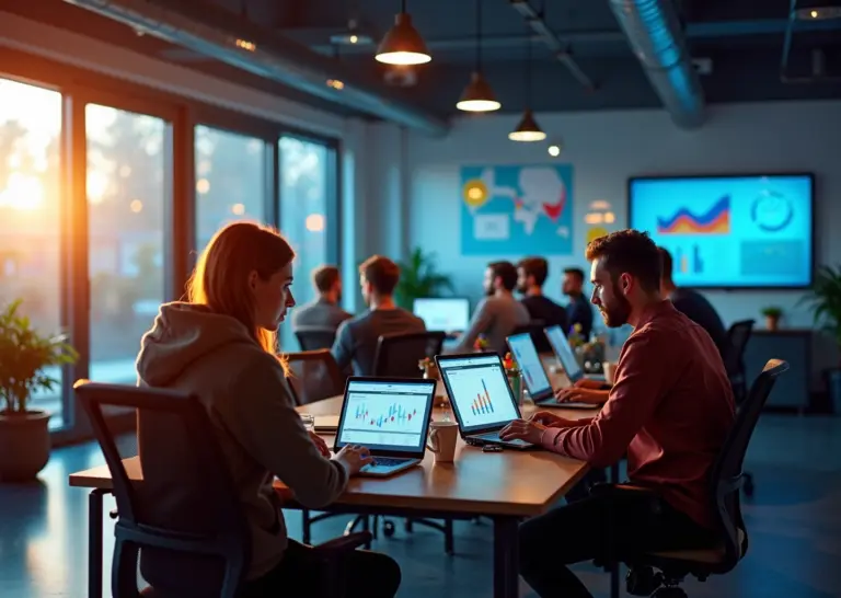 Современный офис российского SaaS-стартапа с командами, работающими над B2B и B2C проектами, графиками и маркетинговыми элементами