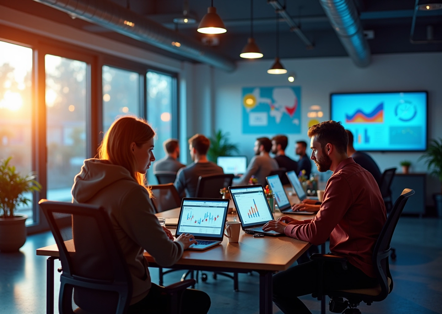 Современный офис российского SaaS-стартапа с командами, работающими над B2B и B2C проектами, графиками и маркетинговыми элементами