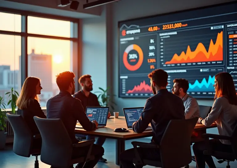 Команда B2B-стартапа в российском офисе обсуждает стратегии роста и цифровой маркетинг