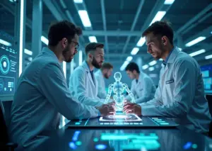 Современная лаборатория с учеными, работающими над ИИ, робототехникой и квантовыми вычислениями, символизирующая инновации российских технологических стартапов