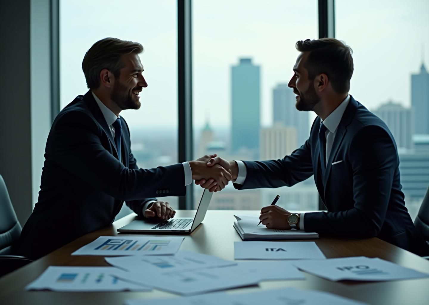 Два предпринимателя жмут руки в офисе на фоне ноутбука с финансовыми графиками и документов M&A и IPO, на заднем плане размытый силуэт здания Московской биржи и городской пейзаж Москвы.