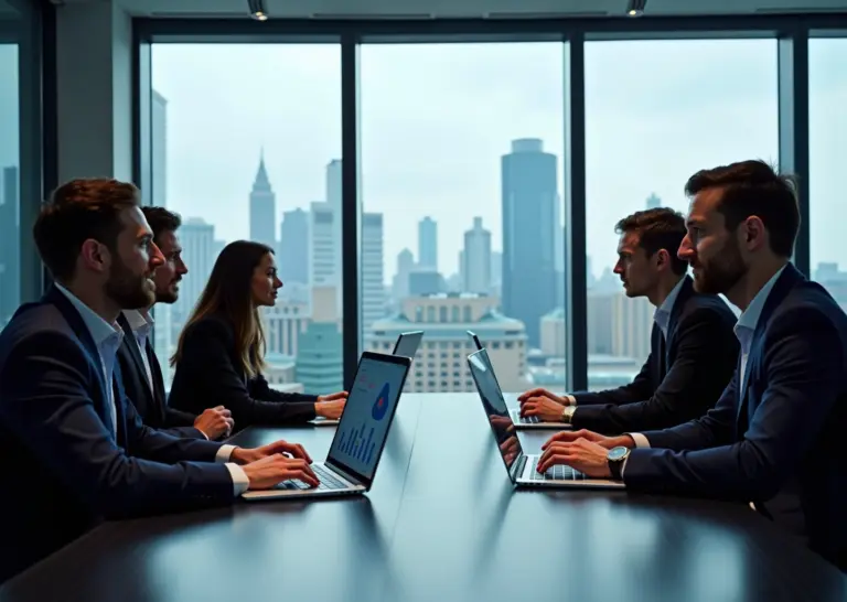 Команда российского SaaS‑стартапа в офисе демонстрирует интерфейс продукта Shtab на ноутбуках на фоне городского пейзажа