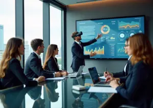 Современный офис в России где сотрудники проходят корпоративное обучение с использованием технологий VR и интерактивных панелей.