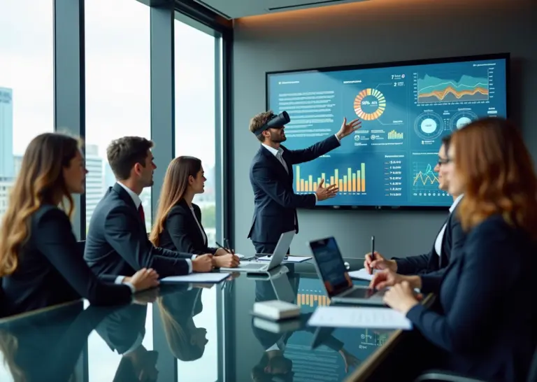 Современный офис в России где сотрудники проходят корпоративное обучение с использованием технологий VR и интерактивных панелей.
