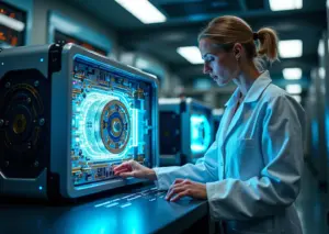 Ученый настраивает квантовый компьютер в современной российской лаборатории