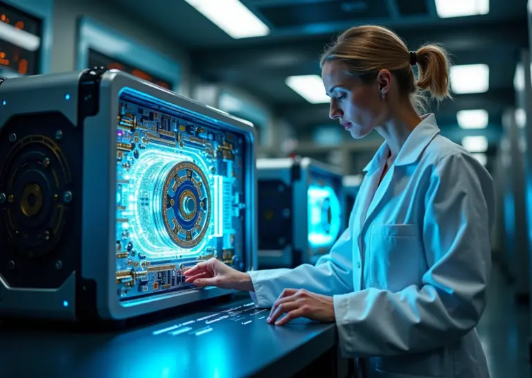 Ученый настраивает квантовый компьютер в современной российской лаборатории