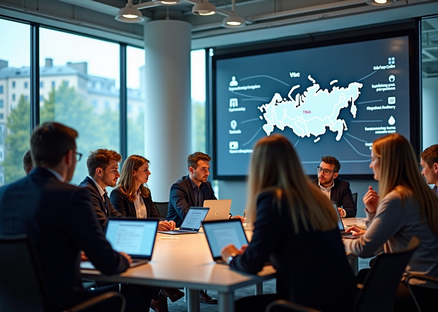 Группа основателей и инвесторов обсуждает итоги венчурного рынка России 2025 на конференции, на экране презентация с технологическими и региональными иконками