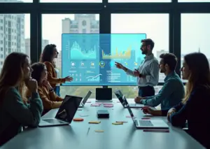 Команда в стартап‑офисе у экрана с LXP‑дашбордом, бейджами и окном ИИ‑тьютора, в фоне видна Москва