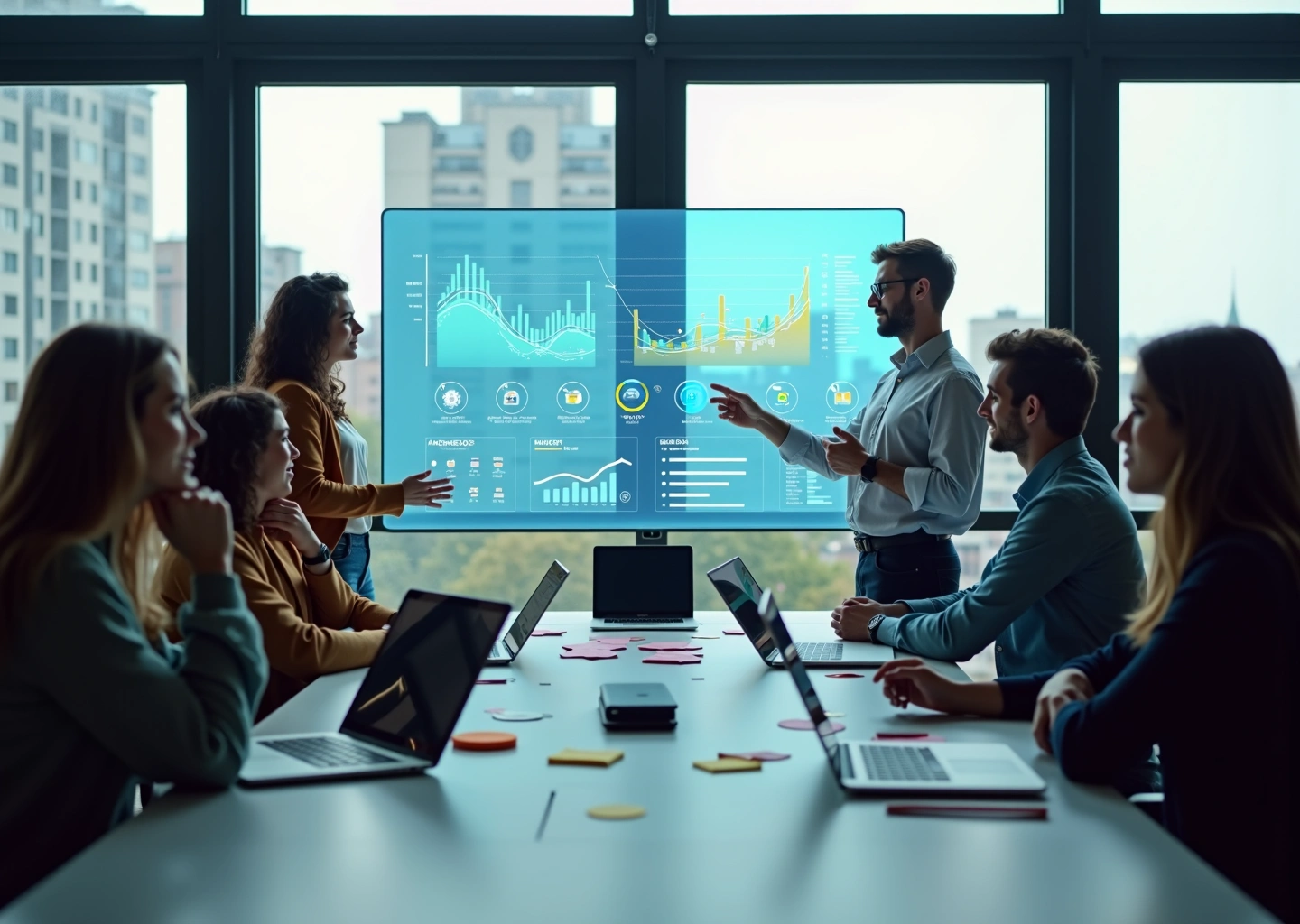 Команда в стартап‑офисе у экрана с LXP‑дашбордом, бейджами и окном ИИ‑тьютора, в фоне видна Москва