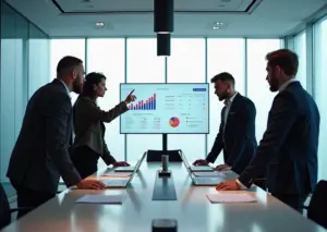 Основатели российского стартапа обсуждают подготовку к раунду А: на экране графики метрик, на столе документы по кап‑таблице и финансовой модели