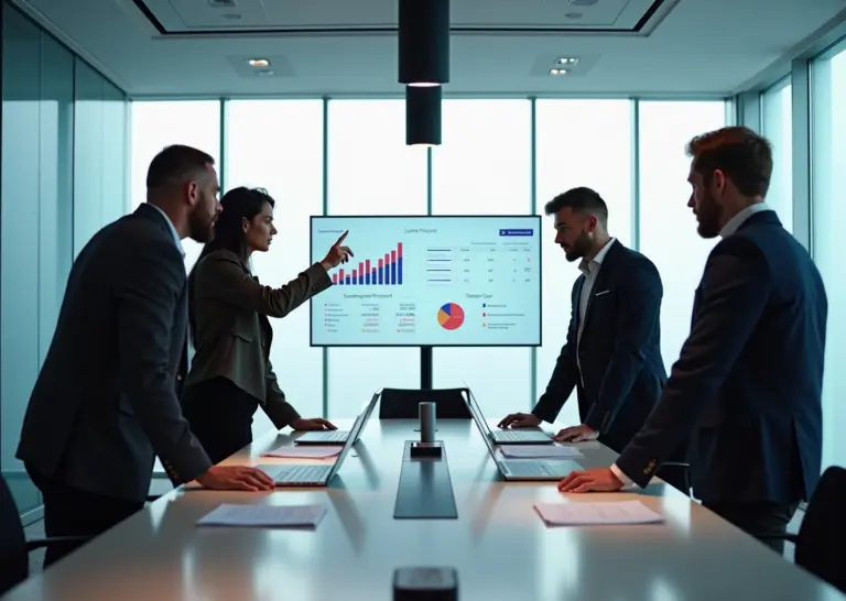 Основатели российского стартапа обсуждают подготовку к раунду А: на экране графики метрик, на столе документы по кап‑таблице и финансовой модели