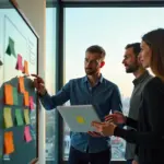 Команда российского стартапа обсуждает доску с sticky notes и Scrum/Kanban бордом на фоне размытой панорамы Москвы
