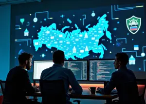 Команда российских разработчиков в офисе на фоне символов цифрового суверенитета: облака, замки и микросхемы