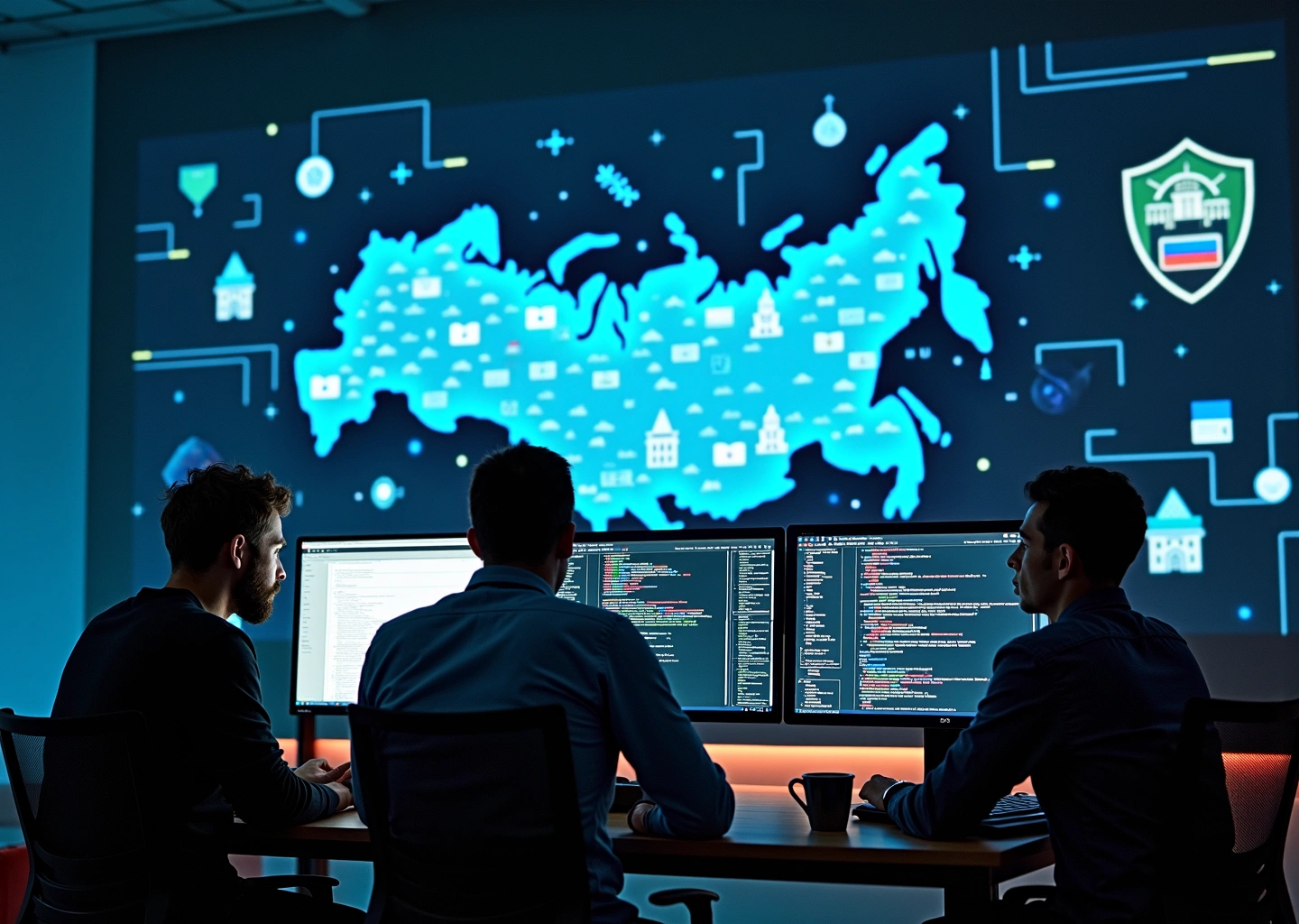 Команда российских разработчиков в офисе на фоне символов цифрового суверенитета: облака, замки и микросхемы