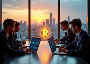 Коллаж: команда финтех стартапа с ноутбуками и смартфонами на фоне московского делового центра, на экранах видны графики и интерфейсы банковских и инвестиционных приложений