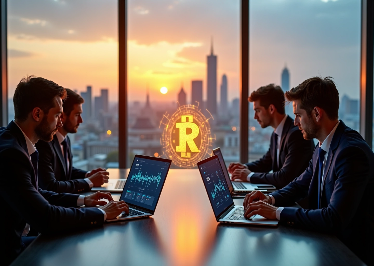 Коллаж: команда финтех стартапа с ноутбуками и смартфонами на фоне московского делового центра, на экранах видны графики и интерфейсы банковских и инвестиционных приложений