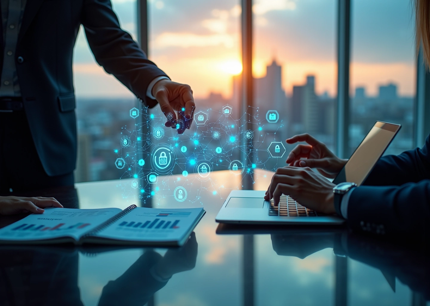 Встреча инвесторов и команды стартапа на фоне Москвы‑Сити с цифровыми оверлеями технологий