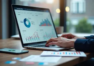 Рабочий стол стартапа с панелью аналитики email‑рассылок на экране ноутбука; рядом значки российских и зарубежных платформ и карта мира