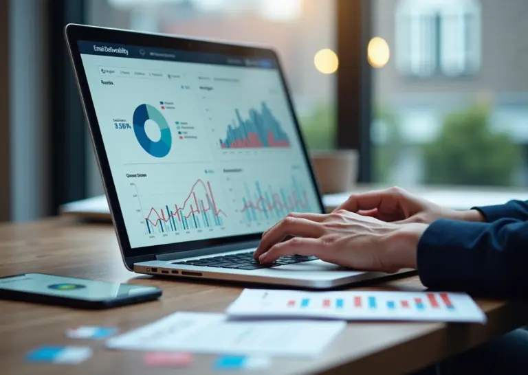 Рабочий стол стартапа с панелью аналитики email‑рассылок на экране ноутбука; рядом значки российских и зарубежных платформ и карта мира