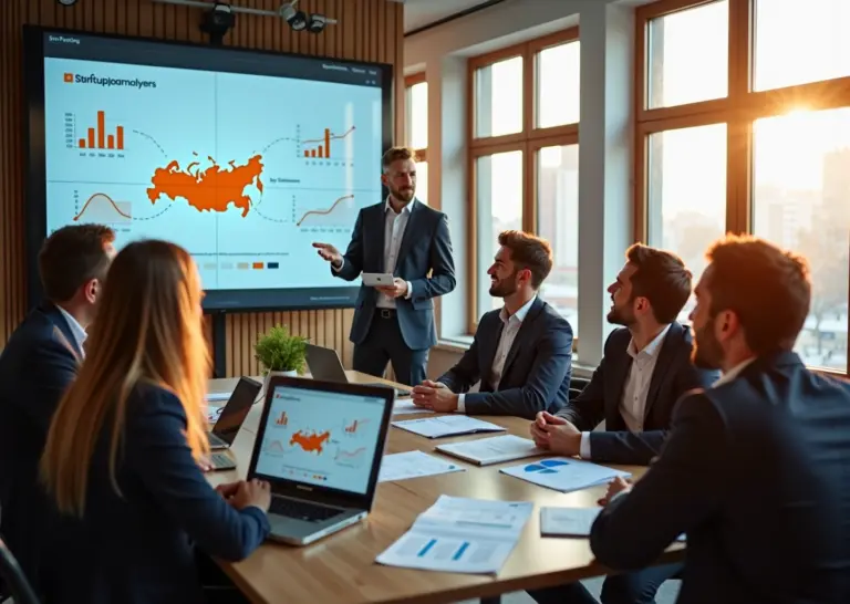 Основатели стартапа презентуют питч-дек инвесторам в стильном московском офисе, на экране графики роста и финансовые таблицы