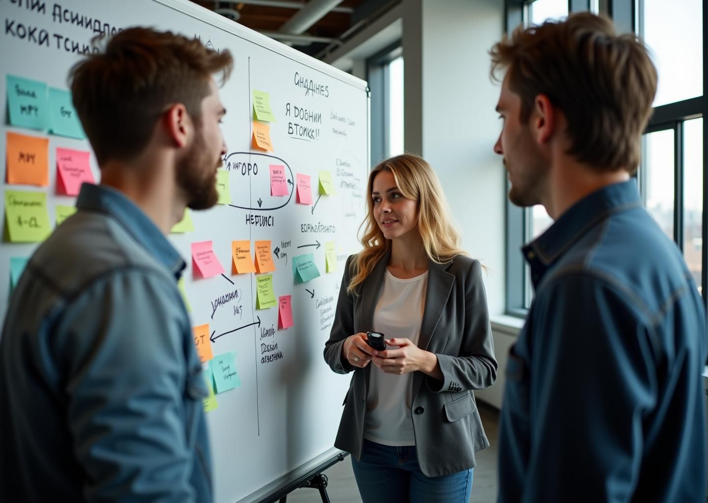 Команда российского стартапа обсуждает бизнес-гипотезы у доски со стикерами в современном светлом офисе.