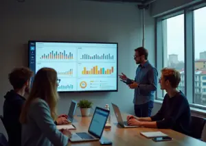 Команда стартапа в офисе рассматривает дашборды с графиками DAU MAU LTV и Churn на большом экране