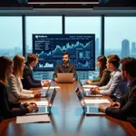 Переговоры команды стартапа с представителями венчурного фонда в современном офисе на фоне логотипов государственных и частных фондов