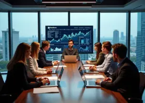 Переговоры команды стартапа с представителями венчурного фонда в современном офисе на фоне логотипов государственных и частных фондов