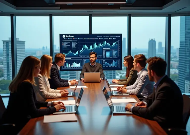 Переговоры команды стартапа с представителями венчурного фонда в современном офисе на фоне логотипов государственных и частных фондов