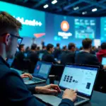 Сцена конференции HighLoad++ 2025 с докладчиками, экраном с графиками производительности и группой российских стартаперов, обсуждающих инфраструктурные решения