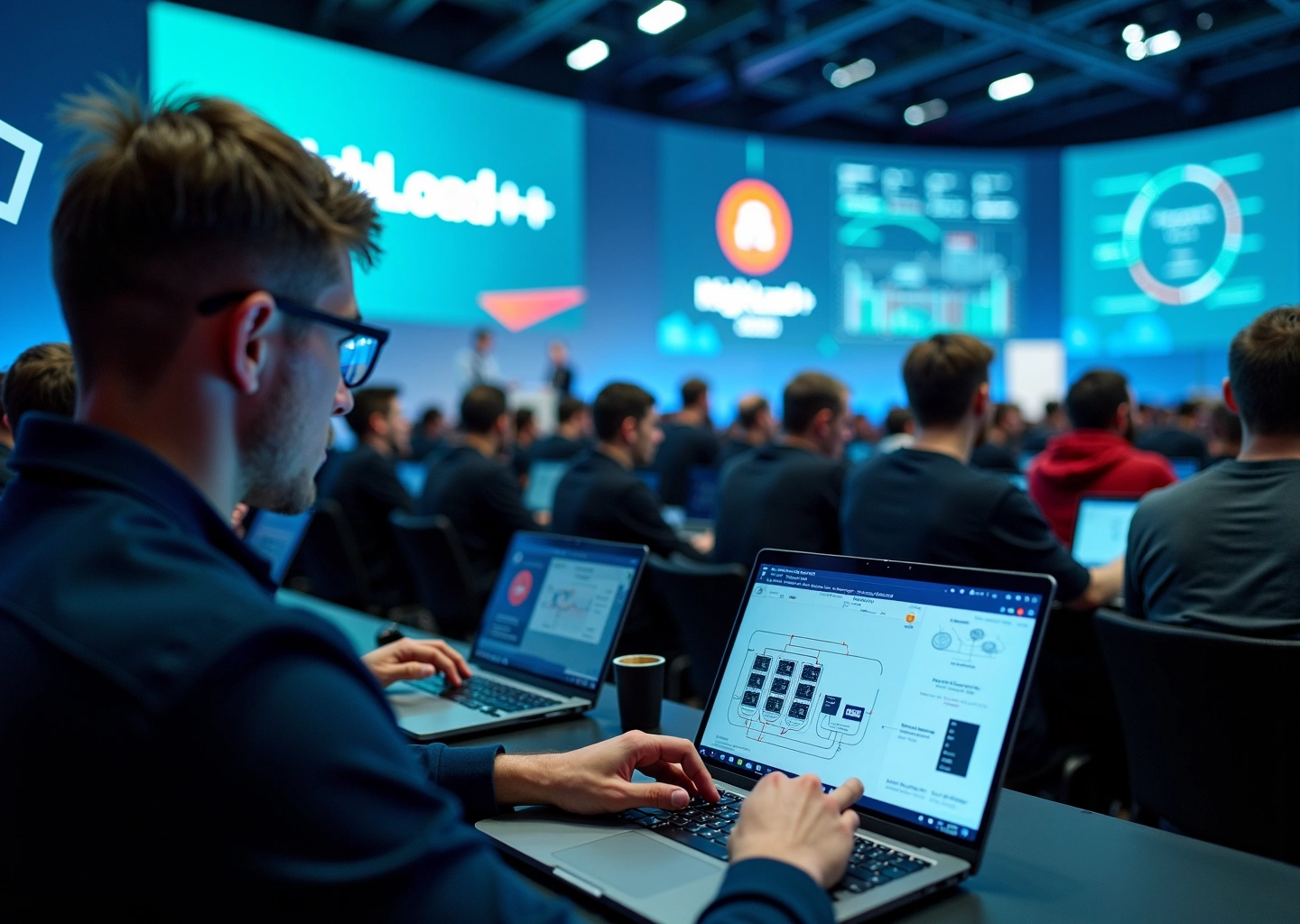 Сцена конференции HighLoad++ 2025 с докладчиками, экраном с графиками производительности и группой российских стартаперов, обсуждающих инфраструктурные решения