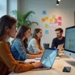 Команда российских стартаперов и психолог онлайн на ноутбуке в светлом офисе, демонстрирующие цифровые решения для ментального здоровья