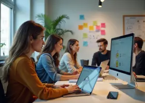 Команда российских стартаперов и психолог онлайн на ноутбуке в светлом офисе, демонстрирующие цифровые решения для ментального здоровья