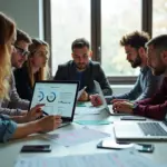 Команда стартапа обсуждает результаты A/B теста перед экранами с графиками конверсии