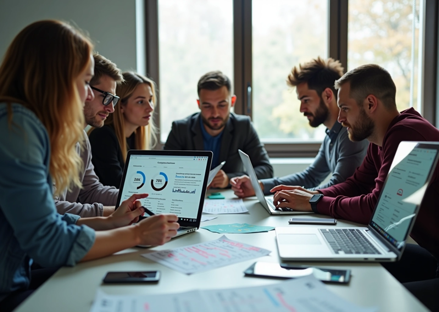 Команда стартапа обсуждает результаты A/B теста перед экранами с графиками конверсии