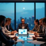 Группа основателей и инвесторов за столом обсуждает графики и документы с заголовком "Дайджест венчурного рынка РФ Сентябрь 2025" на планшете, боковой вид на городской пейзаж через окно