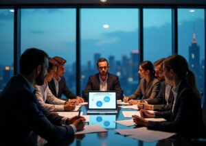 Группа основателей и инвесторов за столом обсуждает графики и документы с заголовком "Дайджест венчурного рынка РФ Сентябрь 2025" на планшете, боковой вид на городской пейзаж через окно