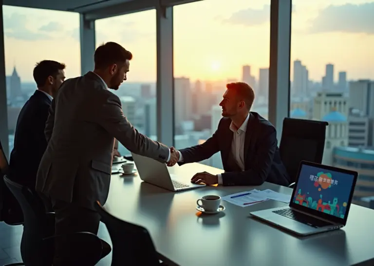 Корпоративный инвестор и команда стартапа подписывают соглашение в современной переговорной на фоне московского делового центра