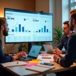 Команда российских стартаперов обсуждает на экране метрики MRR и когортный анализ для снижения оттока клиентов в SaaS