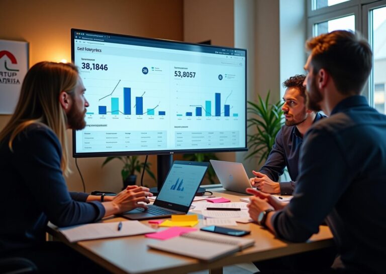 Команда российских стартаперов обсуждает на экране метрики MRR и когортный анализ для снижения оттока клиентов в SaaS