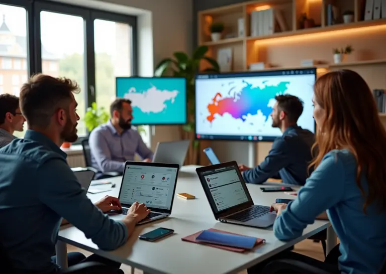 Команда российского стартапа на видеоконференции с экранами Miro и таск‑трекинга на фоне карты России