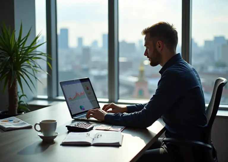 Основатель стартапа анализирует unit‑экономику на ноутбуке: графики, таблицы, калькулятор и банкноты в рублях на столе