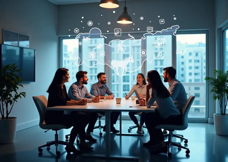 Фотография: основатели российских технологических компаний в офисе, на фоне стилизованных силуэтов единорога и карты России с отмеченными хабами стартапов