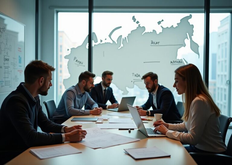 Команда российского IT‑стартапа обсуждает патентные чертежи, эскизы товарного знака и код на ноутбуке в офисе; на столе документы Роспатента и заметки IP NDA PCT