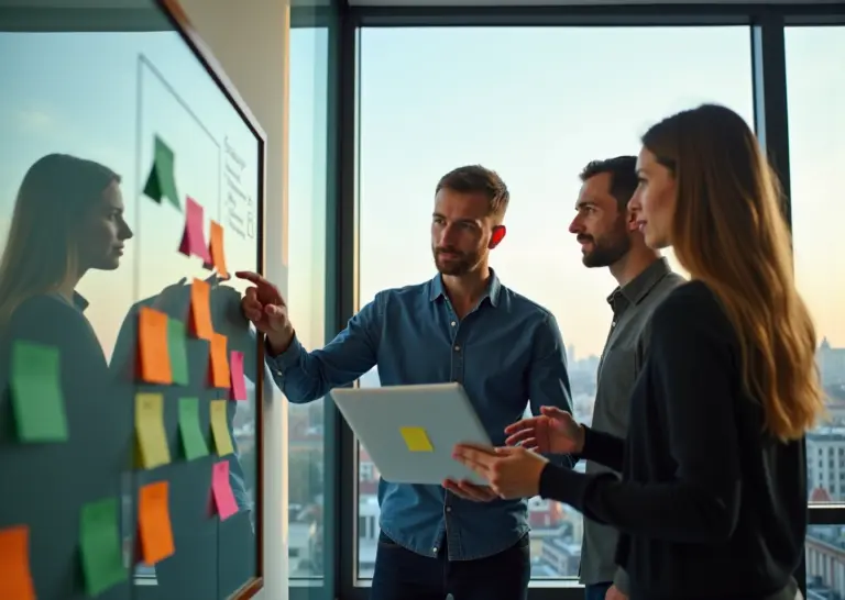 Команда российского стартапа обсуждает доску с sticky notes и Scrum/Kanban бордом на фоне размытой панорамы Москвы