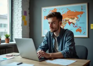 Основатель стартапа в процессе мозгового штурма: ноутбук, стикеры с идеями и схема технологического кластера на фоне